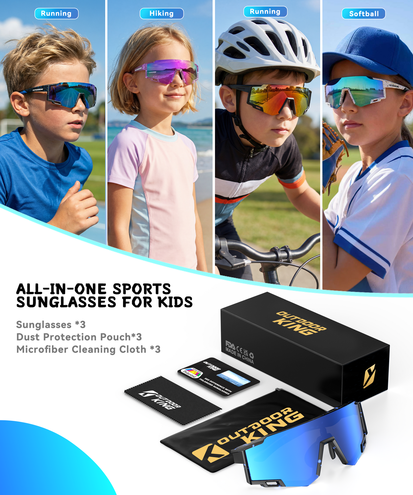 3 PACK Kids Sunglasses youth baseball sunglasses for boys 4-14, Softball Cycling Polarized Sports Sunglasses OT234-11-13-14